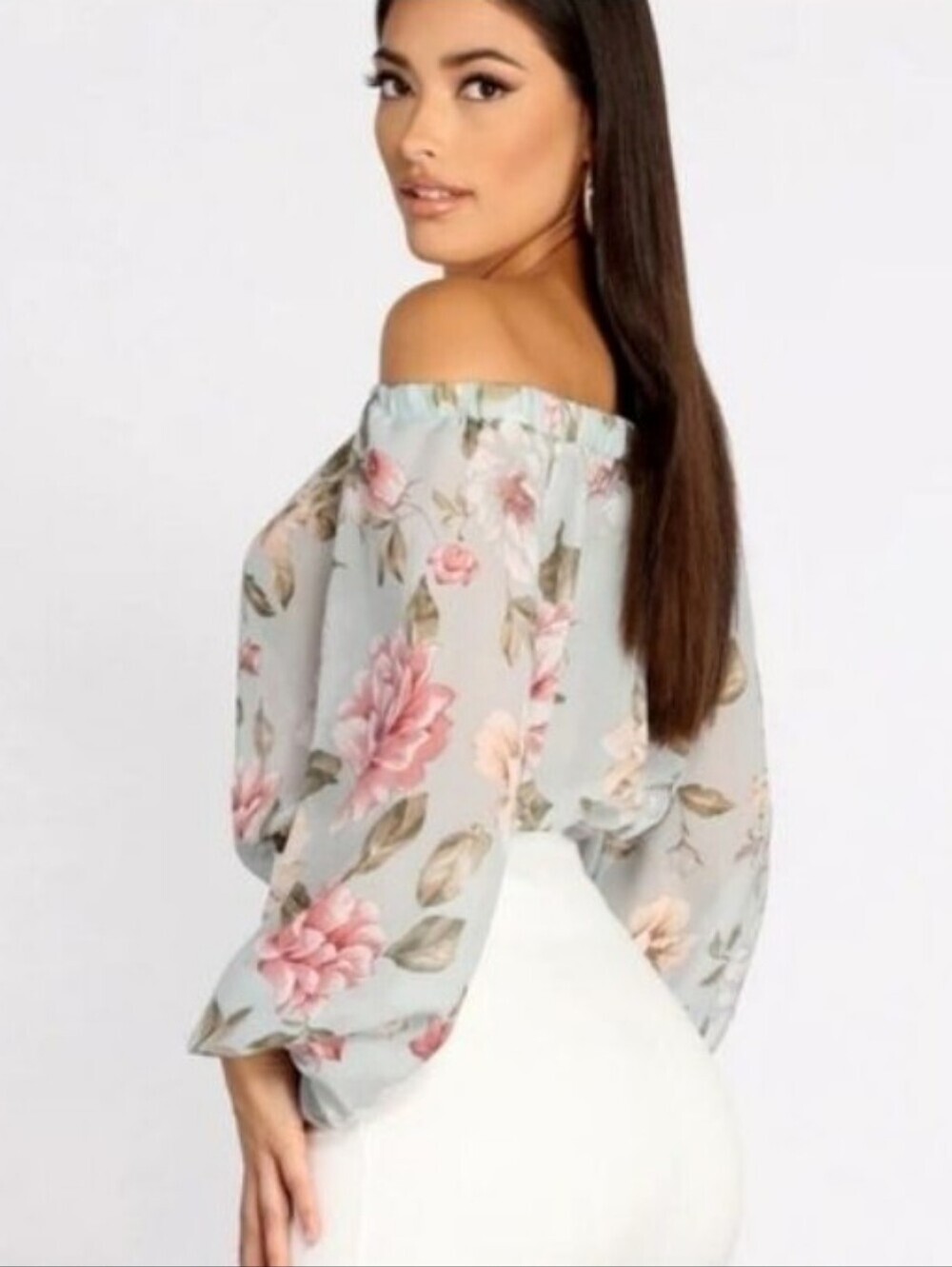 New Look Sage Green Floral Bardot Neck Off The Shoulder Blouse Bodysuit Top